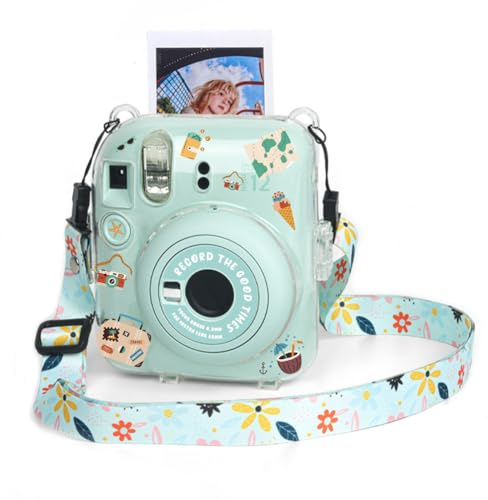 Berfea Étui de protection transparent transparent compatible avec appareil photo instantané Polaroid Fujifilm Instax Mini 12 avec bandoulières, autocollants et poche de rangement pour photos, Vert,