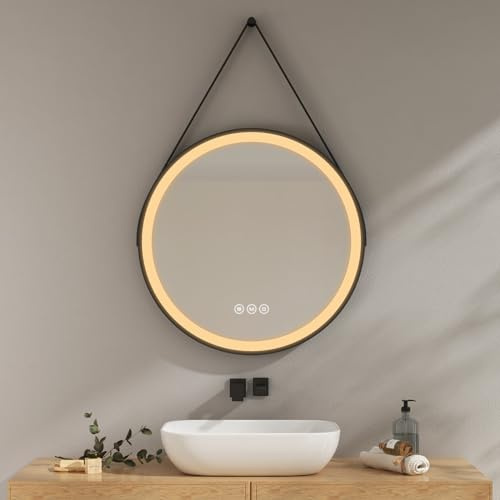 EMKE Runder Badspiegel mit Beleuchtung 70cm, Antibeschlag | Wandspiegel mit 3 Lichtfarbe dimmbar, Speicherfunktion,Touch-Schalter,3 Stunden automatische Abschaltung, Spiegel rund