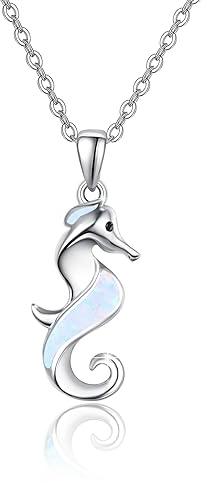 ZIPPICE Halskette Damen 925 Sterling Silber Weiß Opal Seepferdchen Halskette Seepferdchen Kette Damen Opal Anhänger Ozean Tier Anhänger Schmuck Geschenk für Frauen Mädchen Mama Frau Freunde