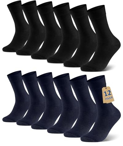 Libella Herrstrumpor, 12 par, svarta sömlösa bomullsstrumpor med komfortlinning, för jobb och vardag, klassiska unisex-strumpor, 12-pack, svart, blå och grå, olika storlekar