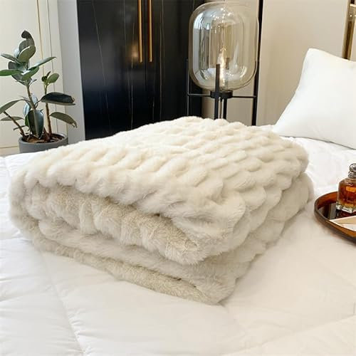 Bubble Decke Fellimitat Decke Faux Kaninchenfell Decke Kuscheldecke Flauschig Flauschige Decke Doppelgesicht Dicke Decke Fell FüR Bett Sofadecke Kuschelig Casual Decke (Beige,150 * 200)
