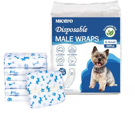MICOOYO Wegwerf-Hundewindeln Rüde - Windeln für Hunde Haustier Hundewelpe, Super Saugfähige Hundewraps mit Nässeindikator(XS-50)