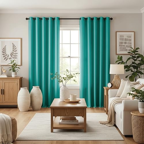 Ev Dekor® EVCRTN01 Thermal Blackout Curtains for Bedroom, Offices, Hotels Windows 90(228cm) Wide X 54(137cm) Long, Turquoise - 2 Panels with Tie Backs