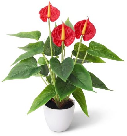 Quancru 16.5 Inch Realistic Artificial Anthurium Flower Red Fake Flamingo Flower Simulated Andraeanum Plant Pot Decoration Table Photography Bonsai