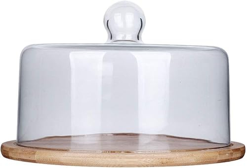 Wensmy Glass Dome Cake Stand With Wooden Base - Square and Round Dessert Tray With Lid - Serving Platter for Wedding Party (27cm)