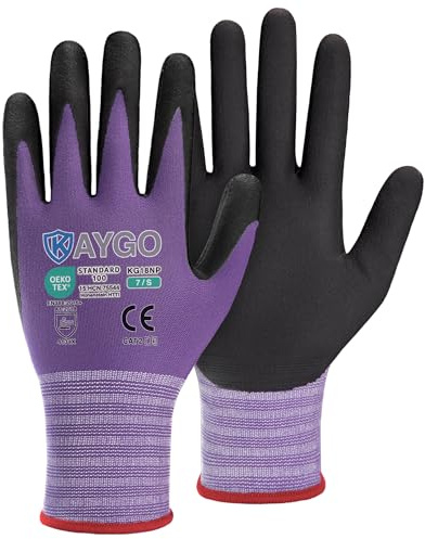 KAYGO Safety Work Gloves MicroFoam Nitrile Coated, 3 Pairs KG18NB,Seamless Knit Nylon Glove for Men and Women, Ideal for Automotive,Warehouse,Construction (S,Purple)