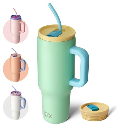 BOTTLE BOTTLE Tasse isotherme 1200 ml, Mug avec paille et poignée, Tasse avec paille sous vide en acier inoxydable pour cadeaux, fêtes, bureau, Café (Vert Menthe)