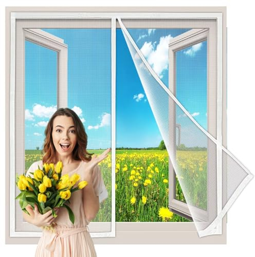 Magnet Fliegengitter Fenster 65x145 cm, Magnetisch Fliegengitter Fenster Insektenschutz, Magnete Automatisch schließen, für TerrassenFenster KellerFenster SchiebeFenster Innovativ, Weiß
