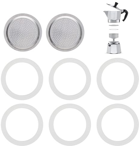 Landrain 6 Stück Dichtung 6 Tassen für Espressokocher, Dichtungsring mit 2 Aluminium-siebeinsatz, Ersatzteile für Kaffeekannen