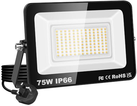 RIGIDON Led Outdoor Floodlight, 1x 75W 7500LM Flood Lights with Plug, Mains Powered Security Lighting, Outside for Garage Garden Yard Patio, Waterproof Workshop Job Site Work Lamp, 3000K Warm White