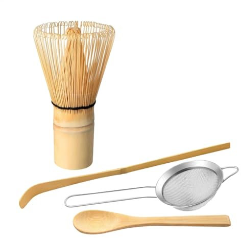 Lot de 4 Fouet à Matcha en Bambou avec Cuillère et Tamis à Poudre, Chasen Japonais Traditionnel pour Matcha et Poudre de Thé Vert, Ustensile Artisanal pour Cérémonie du Thé
