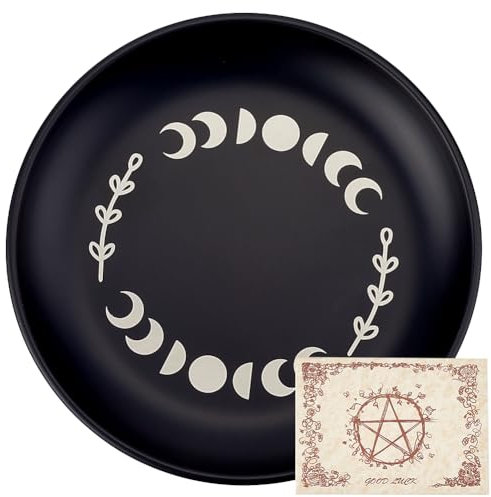 CREATCABIN Piatto Altare Fasi Lunari Piatto Gioielli Ciotola Piatta Rituale Vassoio Rotondo Preghiera Ciotola Offerte Portacandele Nero Divinazione Meditazione Bastoncini Incenso Rabdomanzia 14cm