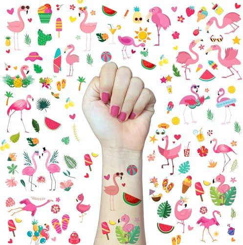 DIELOVEHUA Tatouage Éphémère Flamant Rose, 10 Feuilles de Tatouages Temporaires pour Enfants, Tatouages à Thème Tropical, Fournitures de Fête d'anniversaire de Piscine de Plage d'été