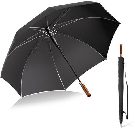 【1&S】Gentleman’s Stick Umbrella Ø122cm, Wood Handle, 3-Person,Waterproof | Robuste Rippen, dichtes 280T-Gewebe, leicht, Sonne&Regen, windfest, schlechtes Wetter, mit Tasche