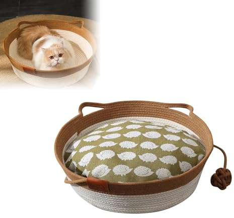 Gewebtes Seil Katzenkorb, Katzenspielzeugkorb Geeignet für Alle Katzen, Kleine Hunde Handgewebtes Katzenbett mit Eingebauter Kratzmatte und Haustierspielzeug, Garnball (Braun)