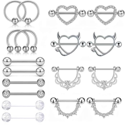 XSDSLS 9 Paires Piercing de Téton en Acier Inoxydable pour Femme,Set de piercings mamelons,Bijoux de piercing de corps,Piercing de Téton en Cœur Barbell Ring Round pour Femme (Argenté)