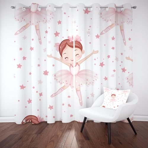 Pggong Blickdichte Vorhänge Niedlich Mädchen Ballett Rosa | Verdunklungsvorhänge mit Ösen Karikatur Sterne Sternenhimmel Thermovorhang Gardinen 160x70 cm 2er Set Wohnzimmer