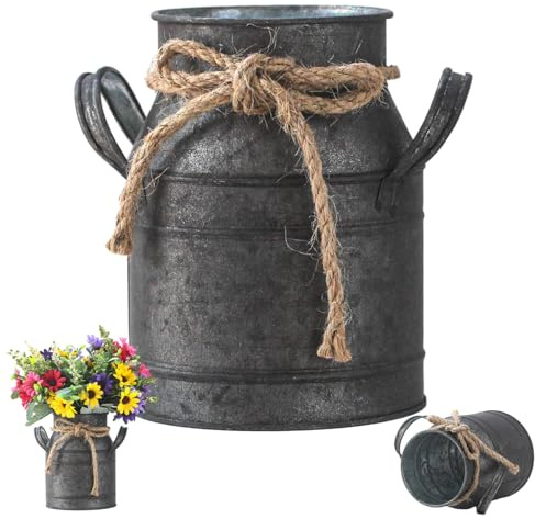 Vaso di brocca di latte rustico vaso di fiori in metallo con arredamento della corda e manico della fattoria al centro del tavolo decorativo shabby chic per matrimoni, soggiorno e fiori da giard