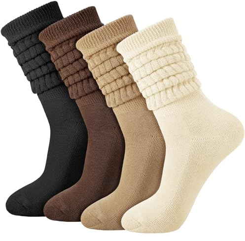 kodinsiivous 4 Paar Damen Slouch Stiefelsocken EU 34-40 Herbst Winter | 95% Polyester, dehnbarer Strickstoff, 4 Vintage Einfarben, handwaschbar, verstellbare Schaftlänge für Alltag Party