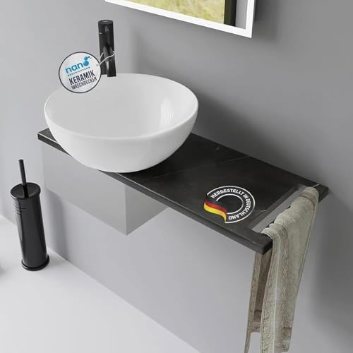 Alpenberger Aufsatzwaschbecken Set mit Waschtischplatte Schwarz 70 cm | Keramik Waschschüssel Ø 36 cm rund | Edelstahlkasten & Ablaufgarnitur Waschbecken für Gäste WC & Bad