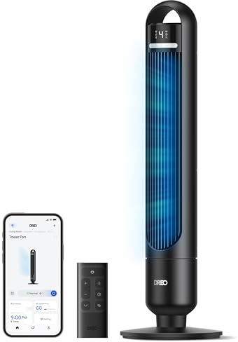 Dreo Smart pelarfläkt för sovrum, 28 dB tyst stående fläkt, luftområde upp till 8,8 m, 4 hastigheter och 3 lägen, 8H timer, Alexa och Google, 90° oscillerande