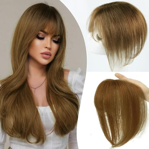 Unipearl Clip in Pony Echthaar Helles Braun - 360° Abdeckung Haarteil mit Pony für Frauen, Natürliche Clip on Fransen Haarteile für Dünnes Haar, Unsichtbarer Wispy Pony für Täglichen Gebrauch