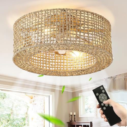 HUYOY Leise Deckenventilator Mit licht und Fernbedienung Boho Rattan E27 Deckenleuchte Mit Ventilator Und Beleuchtung Retro Industriell Fan Deckenlampe für Schlafzimmer Wohnzimmer 6 Wind Speeds Timer