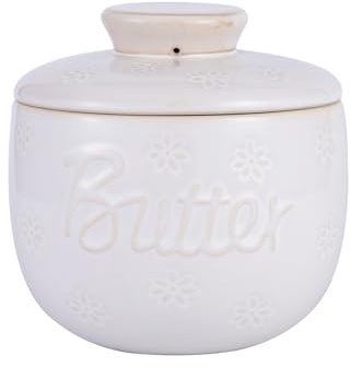 AMIEENOR Französische Butterdose mit Wasserlinie, Keramik Butterkühler für Streichzarte Butter, Vintage Relief Blumendesign Butterbehälter 227g, Landhaus-Stil Deko für Küche, Weiß