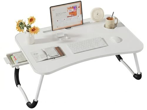 Bandeja para Cama con Cajón, Mesa Plegable de Desayuno, Ideal para Portátil, Ordenador y Libros, Ergonómica, 60x40x28 cm, Blanco