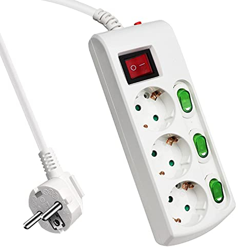 ExtraStar 3-Fach Steckdosenleiste Einzeln Schaltbar und Kindersicherung, 2m Kabel Mehrfachsteckdose mit Schalter, Überspannungsschutz,16A/230V, MAX.3680W, Weiß