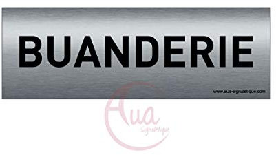 AUA SIGNALETIQUE - Plaque de porte Aluminium brossé imprimé AluSign Texte - 150x50 mm - Double Face adhésif au dos (Buanderie)