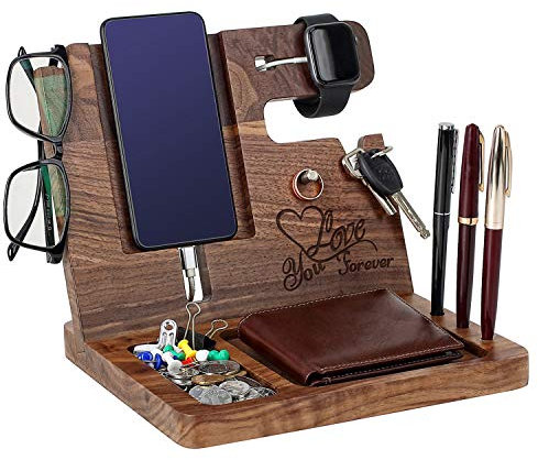 Docking station per telefono da uomo, personalizzata, per San Valentino, anniversario, marito, fidanzato, regalo di compleanno per lui, organizer in legno per comodino