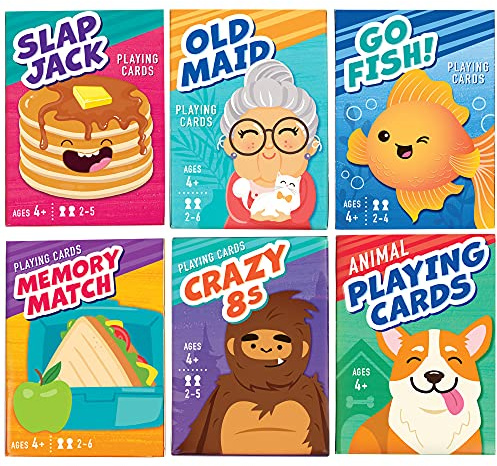 LotFancy Card Games for Kids, 6 Decks, Go Fish, Old Maid, Crazy Eights, Memory Match, Slap Jack, Animal Playing Cards, Easter Basket Stuffers, Stocking Stuffers, Birthday Gifts
