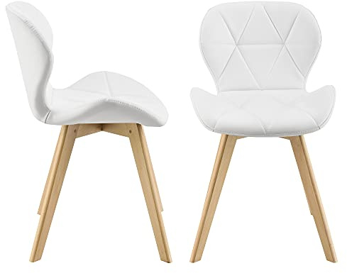 [en.casa] Set 2 Sedie con Rivestimento in Similpelle Trapuntata e Gambe in Legno di Faggio Sedie da Design Ergonomico per Sala da Pranzo Soggiorno Riunioni - Bianco