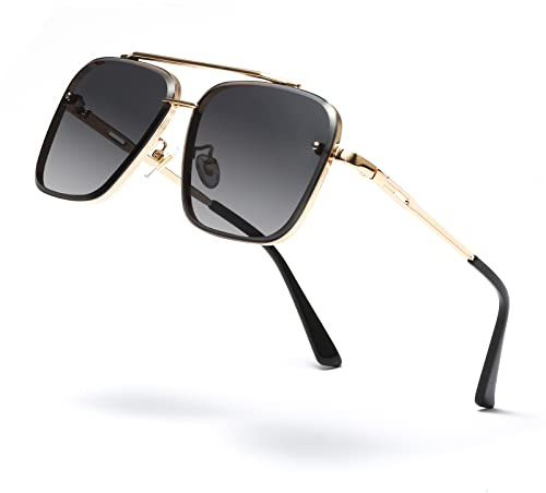 Long Keeper Retro Square Sunglasses - Vintage Pilot Sunglasses for Men Women Double Bridge Metal Square Frame Retro Pilot Style Glasses UV400 Protection