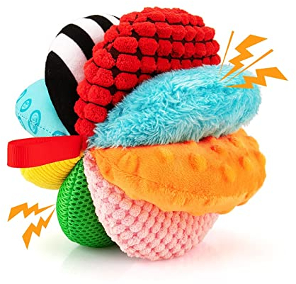 teytoy 8-in-1 Textur-sensorische Bälle für Säuglinge, Regenbogen-Stoff, Montessori-Spielzeug für Babys 6–12 Monate, 8 verschiedene sensorische Aktivitäten mit Knisterrassel-Quietschern