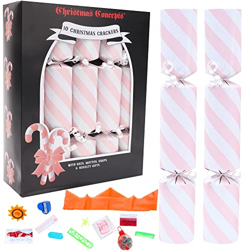 Christmas Concepts® 10 Cracker Natalizi Deluxe Stile Bastoncino di Zucchero con Glitter – Cappelli, Motti, Bottoni a Pressione e Novità Regalo Inclusi – 3 Colori Disponibili – Rosa Confetto