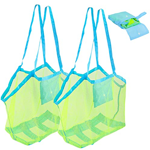 Lot de 2 grands sacs de plage en maille pour jouets de sable, jouets d'eau, réutilisables et pliables pour enfants pour la plage, les pique-niques, les vacances en famille