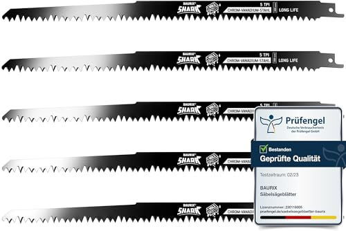 BAURIX® Sticksågblad för Trä I SHARK® [5 st] I 300 mm, 5 TPI I Snabba och Rena Snitt I För Grovt, Vått, Ved och Levande Trä