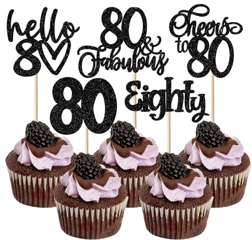 SYKYCTCY 30 Pack 80th Birthday Cupcake Toppers Glitter Eighty Fabulous 80 Cheers to 80 Cupcake Picks Hello 80 Birthday Cupcake Decorations for Happy 80th Birthday Anniversary Party Supplies Black