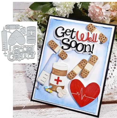Jeringa de médico de hospital, troqueles de metal, Get Well Soon, plantillas de corte de parches hemostáticos para bricolaje, tarjetas de invitación, álbumes de recortes, troqueles decorativos de