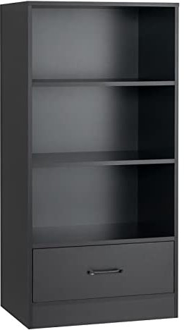 GIANTEX Regal mit Schublade, Bücherregal 4 Ebenen mit 3 offenen Fächern, Standregal aus Holz für Wohnzimmer, Schlafzimmer, Büro (Schwarz)