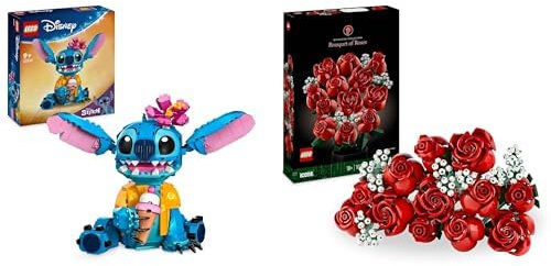 LEGO ǀ Disney Stitch, Jouet de Construction pour Enfants, Set avec Cornet de Glace & Icons Botanical Collection Le Bouquet de Roses, Fleurs Artificielles pour Décorer la Chambre