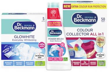 Bundle of Dr. Beckmann Colour Collector 3in1 | Prevents colour runs |50 sheets + Power Brush Stain Remover | fights even stubborn new & dried-in stains | 250 ml + Glowhite with Stain Remover | 5 Pack