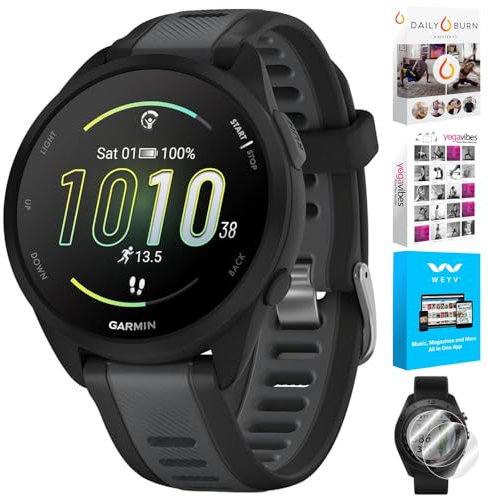 Garmin Orologio sportivo Forerunner 165 Music 010-02863-30, nero + grigio ardesia | Modello partner ufficiale USA | Bundle con Deco Essentials 2 pellicole proteggi schermo + suite fitness e benessere