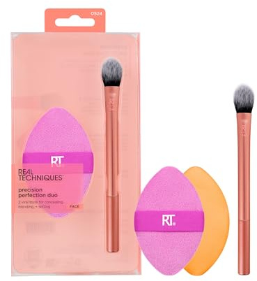 Real Techniques Precision Perfection Duo, Viral Kitten Paw Concealer Brush & Dual-Sided Powder Puff For Powder & Foundation, Travel Friendly Makeup Brush Set, Cruelty-Free, 2 Piece Set