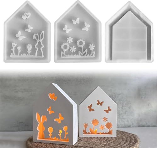 3 Stück Silikonform Häuser für Ostern - Gießformen für Frühling mit Hasen-Motiv