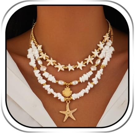 Handcess Collares bohemios con colgante de concha dorada con diseño de estrella de mar para mujer, talla única, Concha, estrella de mar, No es una piedra preciosa
