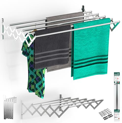 TEHORNEO Stendino da Parete 140 cm, Stendibiancheria da Parete in Alluminio, Stendino a Muro, Stendibiancheria a Scomparsa, Stendipanni da Muro Supporta 16 kg di Peso