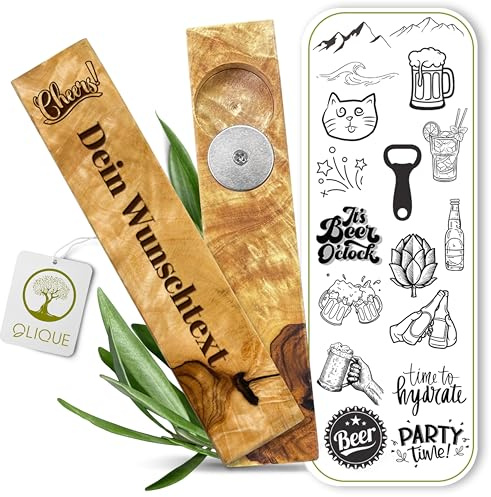 Flaschenöffner personalisiert, Olivenholz - Handgemachter Bieröffner mit Gravur als individuelles Geschenk (Zapfen-Schreck)